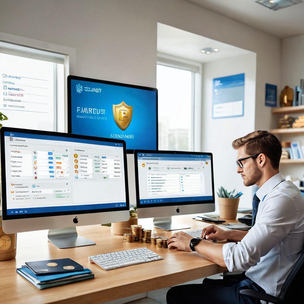 A serene and modern office with a computer displaying secure payment interfaces, stacks of coins, and a shield symbolizing security. In the background, a person reviewing financial data on a tablet, surrounded by digital icons of payment methods. Soft natural lighting enhances the calm atmosphere. super-realistic. vibrant colors. white background.