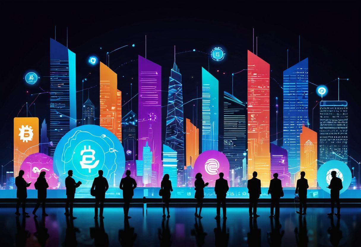 A futuristic city skyline with digital billboards displaying various payment methods like cryptocurrencies, mobile wallets, and bank cards. A diverse group of people is engaged in transactions, showcasing trust and security symbols surrounding them. Soft glowing lines connect the individuals to digital devices, representing a secure network. The scene is vibrant and lively, suggesting innovation and safety in digital payments. vector art. vibrant colors. dark blue background.