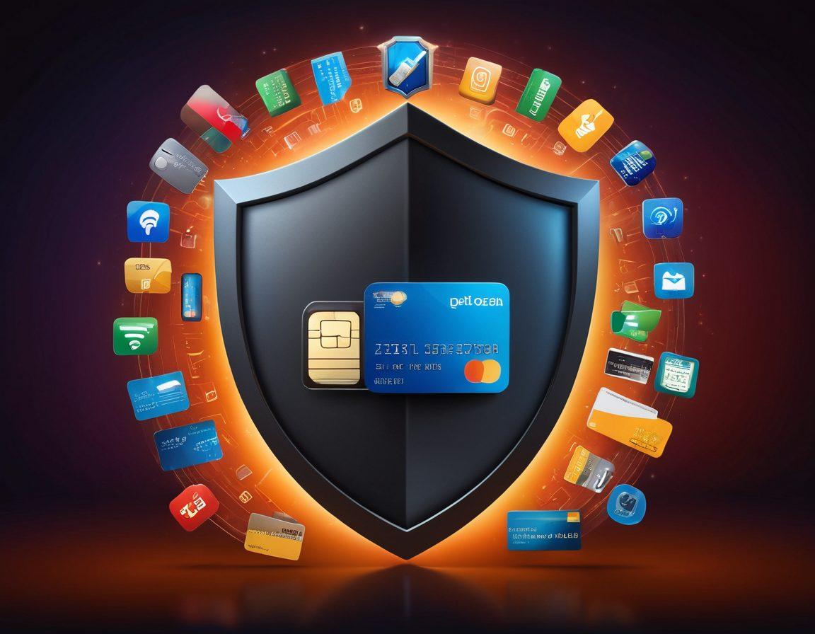 A dynamic illustration of a shield integrating a digital lock, surrounded by various online payment icons like credit cards and digital wallets, symbolizing security. A warm, inviting workspace in the background featuring a computer screen displaying a secure payment interface. Add a subtle glow effect to emphasize safety and trust. super-realistic. vibrant colors.